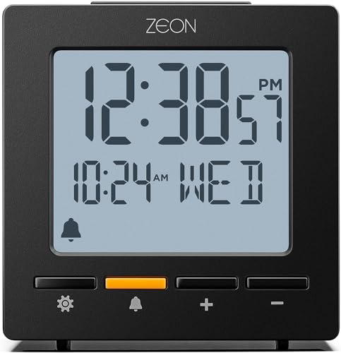 ZEON Digital Bedside Alarm Clock with Positive LCD Display, Snooze and Backlight Function and Temperature, Day & Date Display in Black, Battery Powered, CE4555