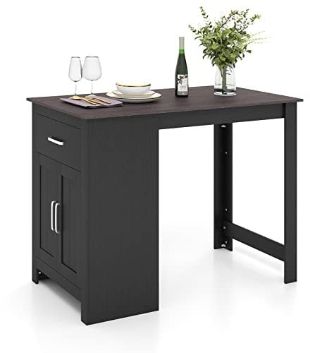 COSTWAY Bar Table, Narrow Rectangular Dining Tables with Drawer and 3-position Adjustable Shelf, Kitchen Counter High Desk for Pub, Dining Room, Living Room (Black+Dark Grey)