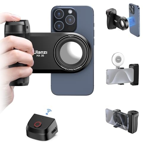 ULANZI MA35 Smartphone Handle Grip, Magnetischer Smartphone Grip mit 15M Abnehmbarer Drahtlose Fernbedienung, Universal Handgriff, 1/4 Schraube, Cold Shoe Mount, für iPhone Android Selfie Vlog TIKTOK