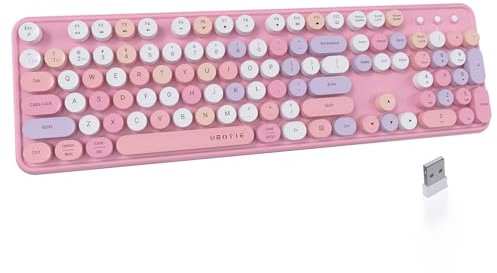 UBOTIE Dual Mode Colorful Wireless Keyboard, Bluetooth and USB Receiver Retro Typewriter Round Keycaps Keyboard Support Multi Devices for PC Laptop Tablet Phones(Pink Colorful)