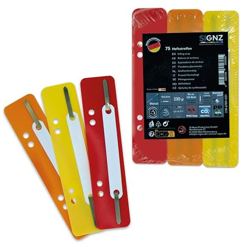 SIGNZ Heftstreifen Kunststoff (PP), 75 Stück, 25 x 3 Farben, recycelbarer Kunststoff (PP), CO2-neutral hergestellt, made in Germany (75 Stück, gelb, orange, rot)