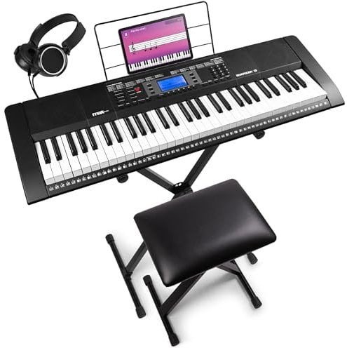 MAX Rhapsody61 - Teclado Piano, piano eléctrico de 61 teclas, con auriculares, soporte de teclado y taburete, pantalla LCD, 50 canciones de demostración, función de aprendizaje, 300 tipos de sonido