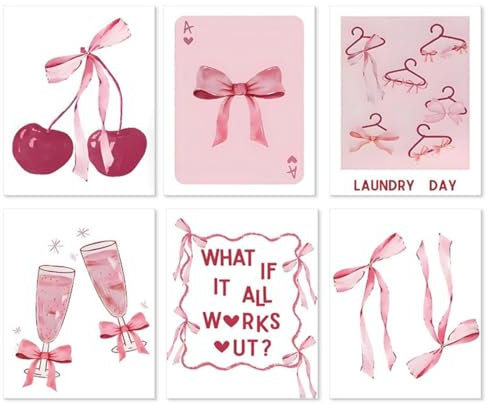 6 Stampe Artistiche Da Parete Con Fiocchi Rosa Alla Moda, Poster Per La Decorazione Della Stanza, Stampa Artistica Su Tela Con Fiocco Rosa Chiaro, Immagini Decorative Da Parete 25*20CM (Incorniciato)