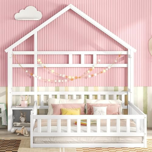 Idemon 140 x 200cm Kinderbetten, Flachbetten, Hausbetten mit Geländer, Kinderbetten mit Nachttischen (White)