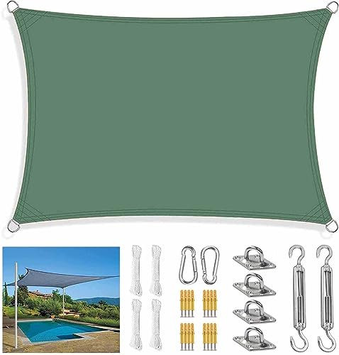 Grande tenda da sole impermeabile verde scuro 3 x 6 m per esterni tettoia parasole rettangolare con kit di fissaggio corda tirante e tessuto resistente, ideale per parco, patio e cortile