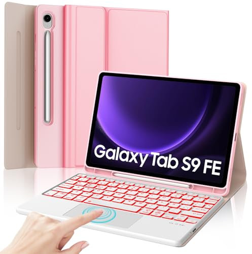 IVEOPPE Funda Teclado Samsung Galaxy Tab S10 FE 2025/S9 FE 10.9/S9 11 2023 con Touchpad, Teclado Bluetooth Retroiluminado de 7 Colores con Trackpad, Desmontable QWERTY Español Ñ, Rosa