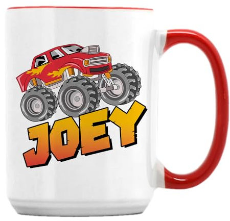 Getagift Personalised Monster Truck Gift – Custom Name Design, Ideal for Boys, 15oz Coffee Mug. (Red Inside)