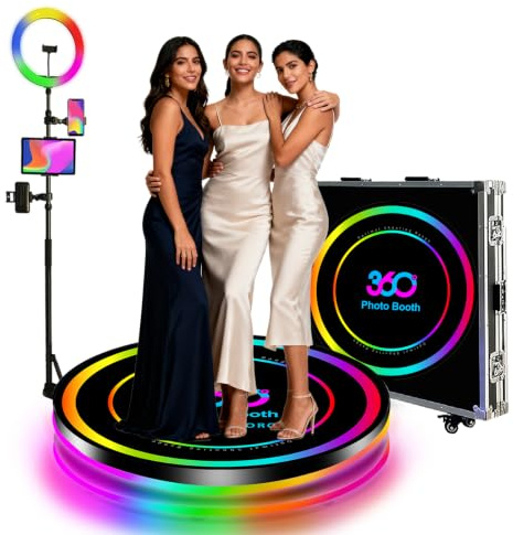 360-Grad-Fotokabinen-Maschine mit Flightcase und RGB-Ringlicht, App-Steuerung, 360-Grad-Rotation und individuellem Logo für Hochzeit/Verleih (100 cm)