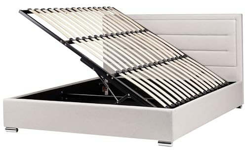 Beliani Fabric Storage Bed Ottoman Lift EU Super King Size 6ft Upholstered Light Beige Rouen