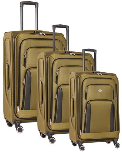 ESKASI Santorini Kofferset 3-teilig, Leichte Softshell-Koffer mit 4X 360° Doppelrollen, Schnellzugriffstaschen, sicherem Kombinationsschloss, strapazierfähig & flexibel, Teleskopgriff (Armeegrün)