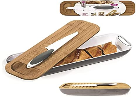 SAVEUR ET DEGUSTATION KA1084G/WEB Corbeille/Planche à pain couteau 3 en 1 AS/ABS/Bambou Gris 40 x 12 x 8,50 cm