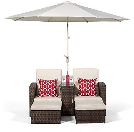 Giardino Nevada Double Reclining Brown Rattan Sun Loungers Set | 2 Seater Sofa Lounge Chair Recliners | Fully Assembled Patio & Conservatory Poly Rattan Garden Furniture with Parasol & Outdoor Cover