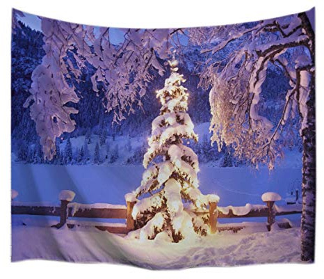 A.Monamour Wanddekor Wandteppiche Winter Urlaub Jahreszeit Outdoor Landschaft Weiß Schnee Hoarfrost Weihnachtsbaum Fotografie Bild Druck Stoff Wand Wandteppich Wand Hängende Dekorationen 153X130cm