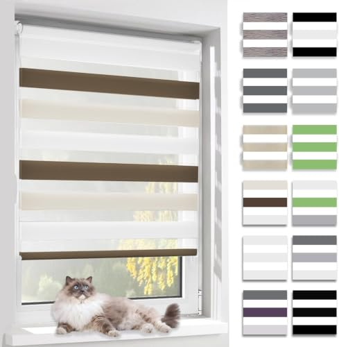 BelleMax Doppelrollo Klemmfix ohne Bohren & mit Bohren, Weiß Creme Braun B90 x H150 cm (Stoffbreite 90cm), Fensterrollo lichtdurchlässig & Blickdicht, Klemmrollo Sichtschutz & Sonnenschutz