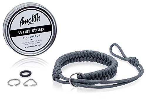 Amolith® Kamera-Handschlaufe aus Paracord | Farbe: Gunmetal | Flechtmuster: Fishtail | Handgelenkschlaufe Kameraschlaufe Kameraband Trageschlaufe | AML-8391