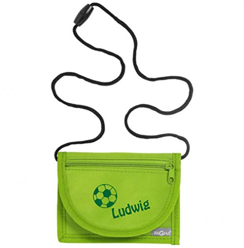minimutz Geldbeutel mit Sichtfenster zum Umhängen | Motiv Fußball & Namensdruck | Brustbeutel personalisiert Geldbörse Kindergeldbeutel Münzfach Kinder Mädchen Jungen mit Klettverschluss (grün)