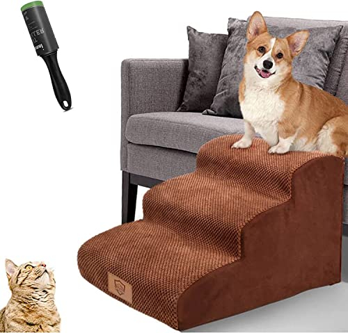 Pawchop Dog Steps for Bed, 3 Steps Pet Stairs with Non-Slip Washable Cover, 57x40x40cm High Density Foam Dog Ramp for Bed and Sofa, Stairs & Steps for Small Dogs and Cats - Brown