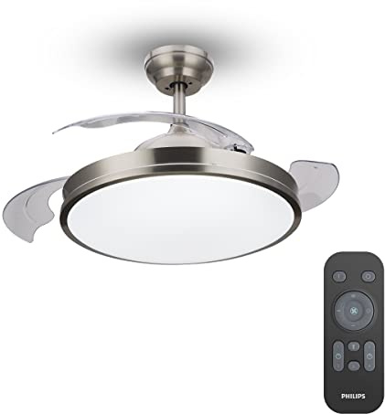 Philips Lighting Atlas - Ventilador de techo con luz LED y mando, 80W, luz blanca de cálida a fría (3000-5500K), diametro 480mm, color níquel