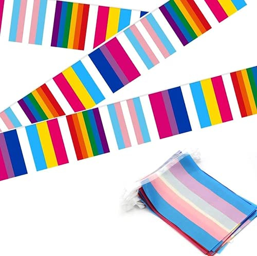 KEAIDO Regenbogen-Girlande, Gay-Pride-Banner, verschiedene Wimpelkette, Party-Parade, Event-Dekoration, 5 m, 20 Flaggen, Schwul, Lesben, LGBTQIA Pansexualität, Bisexualität Transgender