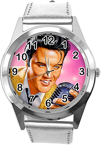 Runde Armbanduhr für Rock and Roll Fans E1, Leder, silberfarben