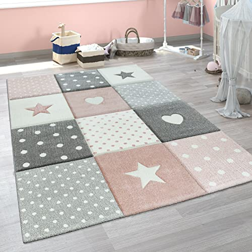 Paco Home Teppich Kinderzimmer Junge Mädchen Kinderteppich Spielteppich Kurzflor Regenbogen Modern 3D Pastell Sterne Berge Wolken, Grösse:133 cm Quadrat, Farbe:Pink 5