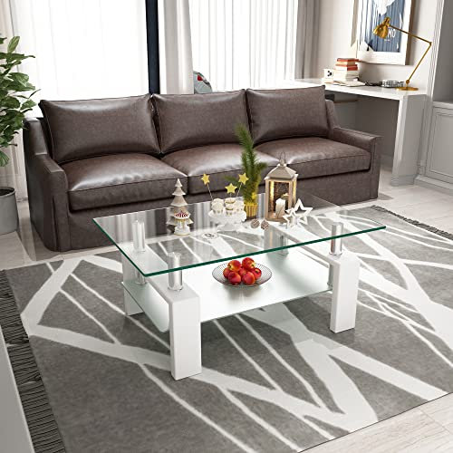 Mesa de centro de cristal para la sala de estar, mesa de centro moderna con blanco de cristal templado negro