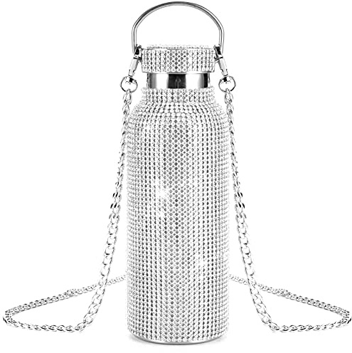 Bling Diamond - Botella térmica con purpurina, botella térmica de acero inoxidable recargable con cadena para mujer (500 ml, plateado)