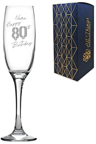 Personalised Engraved Champagne Flute Happy 80th Birthday Balloon Design Gift Boxed, Glass Holds 7.43oz/220ml, Customise with Any Name, Engraved in The UK