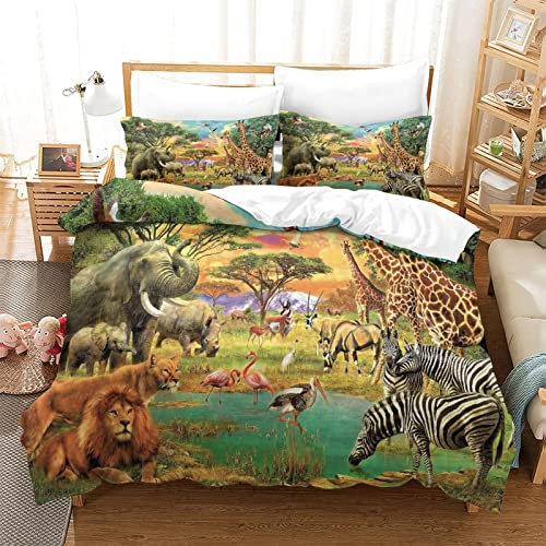BEFASYY Bettbezug für Haustiere, Tiere in Afrika, Bettwäsche-Set, niedliche Tiere, Bettbezug mit 2 Kissenbezügen, dekorative Mikrofaser-Tagesdecke, 3-teilig