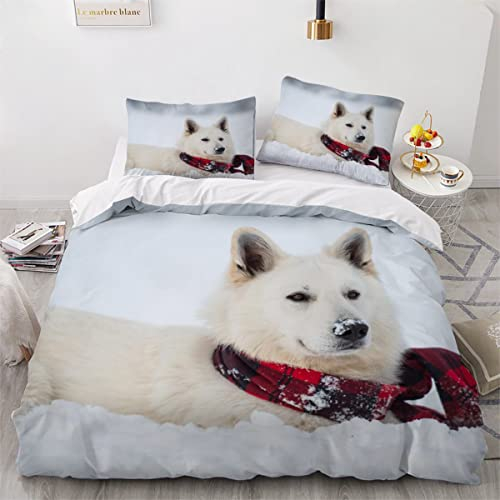HOUSIN Bettwäsche 135x200 3teilig Weißer Schweizer Schäferhund Winter Bettwäsche-Sets Winterwald Winterbettwäsche Muster mit Reißverschluss Weiche Mikrofaser 3D Bettbezug mit 2 Kissenbezüge 80x80cm