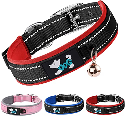 AUAUY Nylon Hundehalsband, Verstellbares Reflektierendes Hundehalsband, Weich Neopren Gepolstert Hundehalsband mit Sicherheitsschnalle Metallschnallen-D-Ring und Etikettenring für alle Rassen(Rot-L)