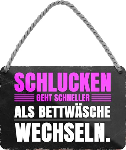 schilderkreis24 – Blechschild Lustiger Spruch “Schlucken geht schneller, als Bettwäsche wechseln!“ Deko Geschenkidee Mann Frau 18x12cm