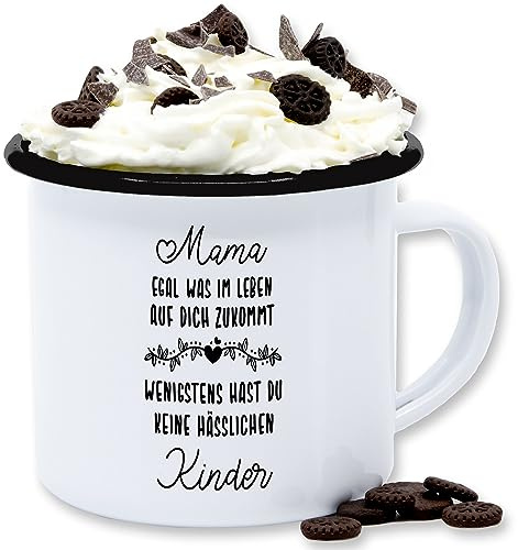 Shirtracer Emaille Tasse Mama hat keine hässlichen Kinder | Weiß Schwarz, 300 ml, Mutter, Mami, Mom, Geschenk, Kaffeebecher, Trinkbecher, Blechbecher, Häferl
