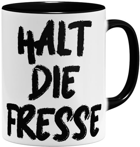 OM3® Halt die Fresse Kaffee-Tasse mit Spruch - Lustige Spruchtasse Humor Sarkasmus Statement - Keramik Becher - 325ml - Beidseitig Bedruckt - Schwarz