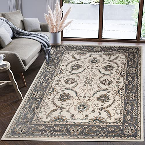 Mazovia Teppich Flur 60x100cm Creme Anthrazit Klassisch Weich Pflegeleicht | Teppich für Eingangsbereich Küche Büro Wohnzimmer Schlafzimmer Beige Fußbodenheizungsgeeignet Reinigungsmittelbeständig