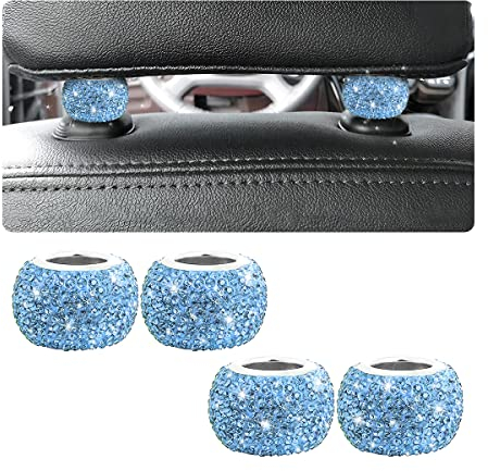 CGEAMDY 4 Universal Diamant Kristall Autositz Kopfstütze Ringe, Autositz Kopfstütze Auto Innendekoration Zubehör Bling Innendekoration für Auto Fahrzeug(Seeblau)