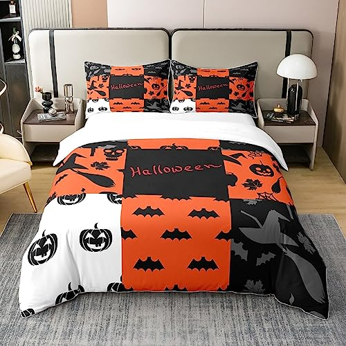 Halloween Bettwäsche Set 155x220 Horror Kürbis Laterne 100% Baumwolle Bettbezug,Gotische Gespenstische Tröster Abdeckung Gotische Fledermäuse Spinnweben Schwarz Rot Halloween Bett mit 1 Kissenbezug