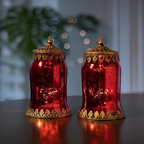 Jinfa 2er-Set Laternen Stimmunglichter mit batteriebetrieber LED-Lichterkette orientalische Zierde Tischdeko Geschenk | Glockenform | Luxus Rot | Ø 11 cm × H 19 cm