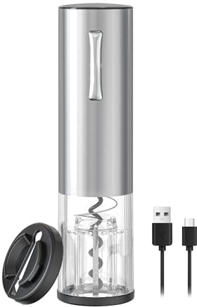 ELMWAY Electric Wine Opener – Rechargeable Corkscrew with Foil Cutter, Compact Stainless Steel Design, Automatic Wine Bottle Opener Featuring LED Light & Transparent Window