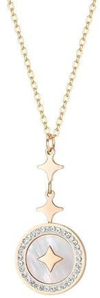 Mesnt Womens Necklaces, 19IN Womens Stainless Steel Pendant Necklace Star Round with Cubic Zirconia and Shell, Rose Gold