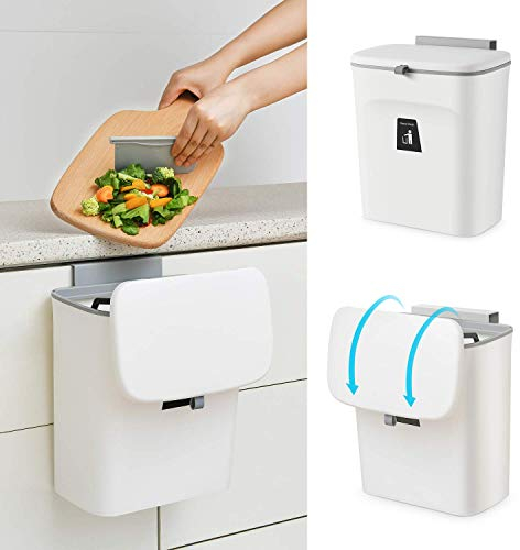 Poubelle à compost pour cuisine, poubelle de 9 l, plan de travail ou sous l'évier, petite poubelle suspendue avec couvercle pour salle de bain/chambre à coucher, seau à compost pour l'intérieur