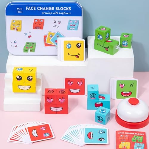 Holzwürfel Puzzle, Denkspiel Sensorik Bunte Zauberwürfel Baustein, Pädagogisches Montessori Spielzeug für Kinder ab 3 Jahren, Interaktives Baustein Mit Glocke und Sanduhr