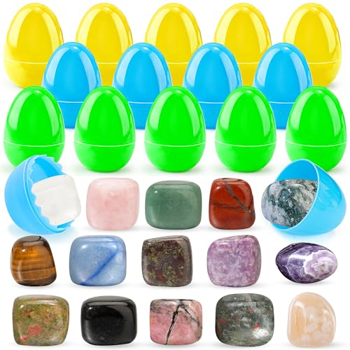 QianCannaor Osterkörbchenfüller für Kinder mit 15 Edelsteinen, vorgefüllten Ostereiern, natürlichen Mineralien und Steinen, wissenschaftlichen Ostergeschenken für Mädchen und Jungen, Partygeschenk