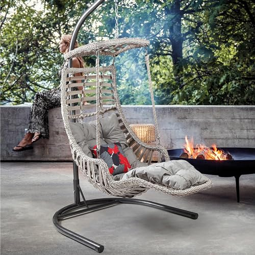 Alveon Hängesessel mit Gestell & Kissen Handgeflechtet Hängestuhl Rattan Hängematte Hängekorb Garten Balkonmöbel Hängeschaukel Alacati (Weiß)