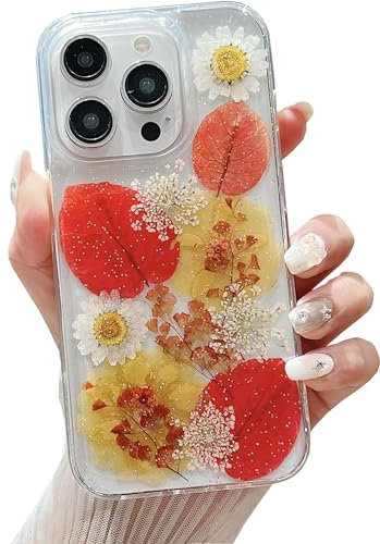JANDM Real Flower Case for iPhone 13,Clear Soft Flexible Rubber Pressed Dry Real Flower Girls Women Glitter Floral Case for iPhone 13 -Red Leaves
