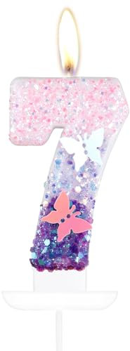 Schmetterling Zahl 7 Kerzen für Kuchen, 7 Geburtstag Schmetterling Kuchen Kerzen Kuchen Topper Mädchen 7 Geburtstag Kuchen Dekorationen, Lila Rosa Schmetterling Geburtstagskerzen, Lila Schmetterling