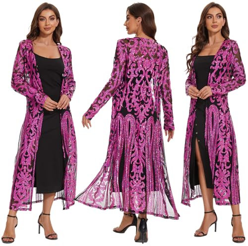 Damen Pailletten Cardigan Lange Tops Glitzer Elegant Funkeln Offene Vorderseite Mantel Kleider Staubwedel für Abend Abschlussball, Schwarz Violett, XXX-Large