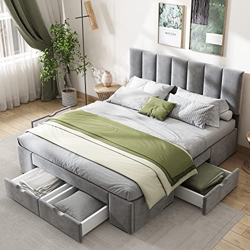 Zravenna Boxspringbett 140X200 mit Bettkasten,Polsterbett Samt mit Lattenrost, 4 Schubladen auf Rollen Stauraumbett,Polster Kopfteil Bettrahmen, Grau