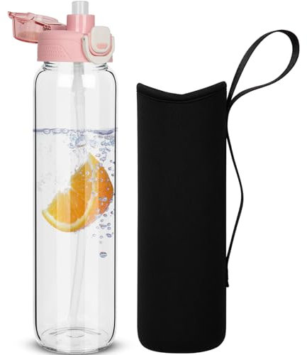 DEARRAY 1l Gourde en Verre avec Paille, 1 litre Bouteille d'eau en Verre Borosilicaté Anti-fuite avec étui de Protection en Néoprène