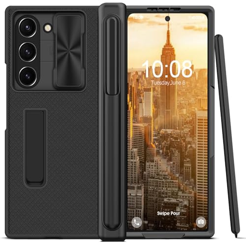 Giyer Handyhülle für Samsung Galaxy Z Fold 6 Hülle mit Displayschutzfolie Scharnierschutz Ständer, Rutschfester Textur Hard PC Rugged Stoßfest Schutzhülle für Samsung Z Fold 6 5G Case Cover (Schwarz)